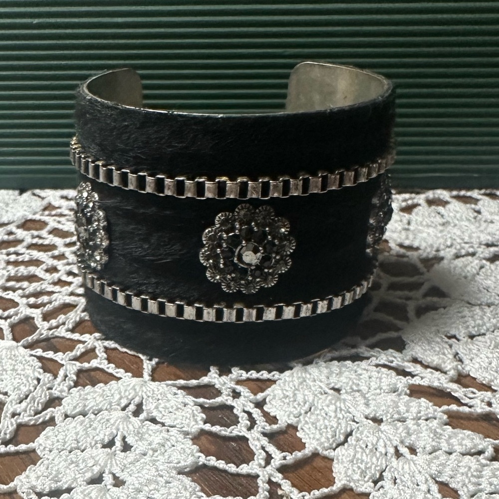 Elegant Black Cuff Bracelet with Silver Embellishments